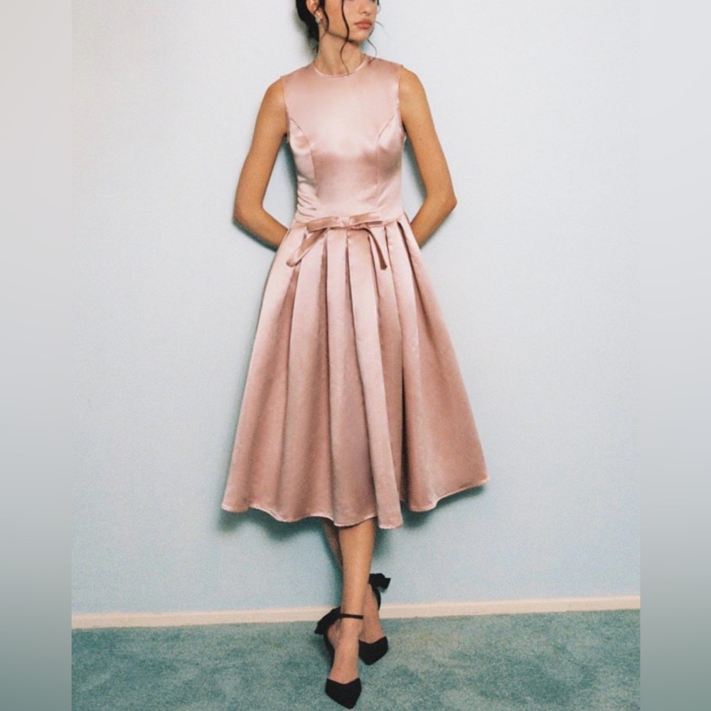 NWT Cider Pink Satin Sleeveless Bow Front Pleated Midi Dress Size M 🎀 - Picture 3 of 16